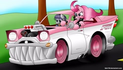 Size: 3240x1868 | Tagged: safe, artist:goldwing93, maud pie, pinkie pie, earth pony, pony, car, duo, female, mare