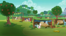 Size: 1672x924 | Tagged: safe, screencap, crackle pop, derpy hooves, snips, sugar stix, tender brush, train tracks (character), winter lotus, pegasus, pony, unicorn, the cart before the ponies, colt, crimson skate, female, male, mare, snips' dad