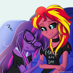 Size: 600x600 | Tagged: safe, artist:wubcakeva, midnight sparkle, sci-twi, sunset satan, sunset shimmer, twilight sparkle, comic:ask casual midnight and demon shimmer, equestria girls, casual, causal midnight sparkle, choker, clothes, cuddling, cute, eyes closed, female, lesbian, make my day, midnightabetes, midnightsatan, open mouth, scitwishimmer, shipping, sleeping, sunsetsparkle, twiabetes, zzz