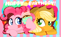 Size: 990x600 | Tagged: safe, artist:honeypuff, applejack, pinkie pie, earth pony, pony, cupcake, pixiv