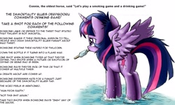 Size: 2500x1500 | Tagged: safe, artist:robsa990, derpibooru import, edit, twilight sparkle, twilight sparkle (alicorn), alicorn, drinking game, immortality blues, kingdom hearts, meta, solo, text, text edit, vulgar