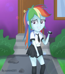 Size: 1500x1707 | Tagged: safe, artist:sumin6301, derpibooru import, rainbow dash, equestria girls, belly button, clothes, embarrassed, midriff, phone, school uniform, skirt, smartphone, solo