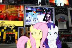 Size: 1200x800 | Tagged: safe, artist:jeatz-axl, artist:sairoch, artist:traindriver22, derpibooru import, fluttershy, rainbow dash, rarity, human, billboard, disney, flying, irl, new york city, photo, planet hollywood, ponies in real life, sign, street, the lion king, times square, vector