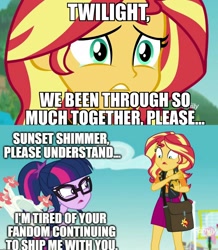 Size: 1788x2048 | Tagged: safe, fluttershy, sci-twi, sunset shimmer, twilight sparkle, better together, equestria girls, forgotten friendship, anti-shipping, clothes, image macro, impact font, meme, mouthpiece, op is a cuck, op is trying to start shit, selfie drone, shipping denied, shipping war, swimsuit