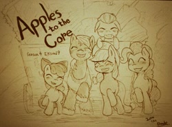 Size: 599x443 | Tagged: safe, artist:doubt, apple bloom, applejack, big macintosh, granny smith, pinkie pie, earth pony, pony, pinkie apple pie, apples to the core, male, monochrome, stallion