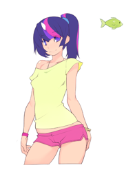 Size: 578x738 | Tagged: safe, artist:doxy, derpibooru import, twilight sparkle, fish, human, alternate hairstyle, clothes, horned humanization, humanized, light skin, looking at you, off shoulder, shorts, simple background, solo, white background