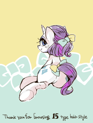 Size: 480x640 | Tagged: safe, artist:wan, rarity, pony, unicorn, bow, hair bow, plot, solo, tail bow, underhoof