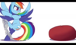 Size: 1430x853 | Tagged: safe, artist:erufi, derpibooru import, rainbow dash, pegasus, pony, backwards cutie mark, beanbag chair, female, mare, simple background, solo, white background