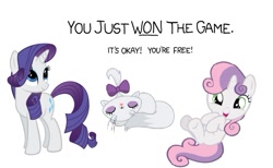 Size: 593x365 | Tagged: safe, opalescence, rarity, sweetie belle, pony, unicorn, cute, edited by gildor, simple background, smiling, the game, vector, white background, winning, xkcd