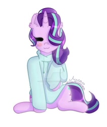 Size: 900x1065 | Tagged: safe, artist:shimmerfoxmomo, starlight glimmer, pony, unicorn, clothes, hoodie, obtrusive watermark, solo, watermark