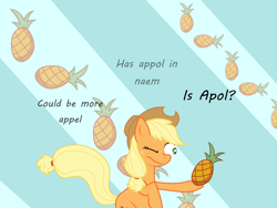 Size: 2500x1875 | Tagged: safe, artist:foxdeimos, applejack, earth pony, pony, abstract background, appul, hoof hold, meme, pineapple, pineapplejack, silly, silly pony, solo, special eyes, thinking, wink