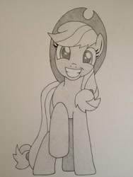 Size: 774x1032 | Tagged: safe, artist:lollingtroll, applejack, earth pony, pony, looking at you, monochrome, raised hoof, smiling, solo, traditional art