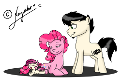 Size: 1009x644 | Tagged: safe, artist:pastelflakes, pinkie pie, oc, earth pony, pony, crossover, crossover shipping, dan, dan pie, dan vs, offspring, parent:dan, parent:pinkie pie, parents:dan pie, ponified, shipping