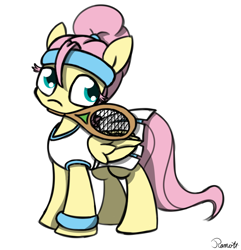 Size: 1446x1500 | Tagged: safe, artist:ramott, fluttershy, pegasus, pony, alternate hairstyle, clothes, headband, mouth hold, skirt, solo, tennis, tennis racket