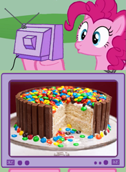 Size: 563x771 | Tagged: safe, pinkie pie, pony, cake, exploitable meme, food, food wishes, kit kat, m&m's, meme, obligatory pony, television, tv meme