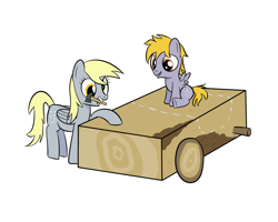 Size: 1000x800 | Tagged: safe, artist:mightyshockwave, crackle pop, derpy hooves, pegasus, pony, the cart before the ponies, cart, cute, female, foal, mare, woodcrafting, woodshop