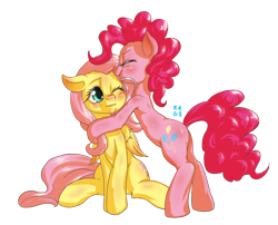 Size: 1500x1211 | Tagged: safe, artist:mrs1989, fluttershy, pinkie pie, earth pony, pegasus, pony, hug, simple background