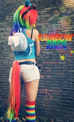 Size: 631x1032 | Tagged: safe, artist:yeonlang, derpibooru import, rainbow dash, human, back, black underwear, bra strap, clothes, cosplay, irl, irl human, midriff, photo, rainbow socks, shorts, socks, striped socks, tanktop, underwear