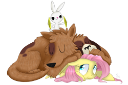 Size: 1350x900 | Tagged: safe, artist:swanlullaby, angel bunny, fluttershy, orthros, dog, pegasus, pony, trade ya, angel is a bunny bastard, cuddling, cymbals, multiple heads, pure unfiltered evil, simple background, sleeping, snuggling, this will end in tears and/or death, transparent background, two heads