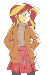 Size: 654x880 | Tagged: safe, artist:raikoh, sunset shimmer, equestria girls, clothes, coat, cute, female, pantyhose, plaid, plaid skirt, pleated skirt, simple background, skirt, solo, sweater, white background