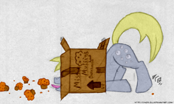 Size: 1775x1068 | Tagged: safe, artist:cynos-zilla, derpy hooves, pegasus, pony, box, female, food, mare, muffin