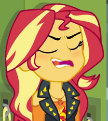 Size: 442x493 | Tagged: safe, edit, edited screencap, screencap, sunset shimmer, better together, driving miss shimmer, equestria girls, blushing, bueno, cropped, eyes closed, out of context, solo