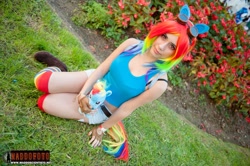 Size: 1623x1080 | Tagged: safe, artist:yeonlang, derpibooru import, rainbow dash, human, black underwear, bra strap, clothes, cosplay, irl, irl human, midriff, photo, rainbow socks, socks, striped socks, tanktop, underwear