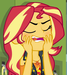 Size: 442x493 | Tagged: safe, edit, edited edit, edited screencap, screencap, sunset shimmer, better together, driving miss shimmer, equestria girls, blushing, bueno, cropped, eyes closed, hand, out of context, solo