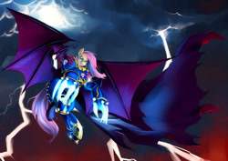 Size: 1400x990 | Tagged: safe, artist:bakki, fluttershy, armor, cape, clothes, crossover, fangs, flutterbadass, flutterbat, flying, konrad curze, lightning, lightning claw, mercy and forgiveness, primarch, solo, terminator armor, warhammer (game), warhammer 30k, warhammer 40k