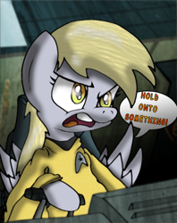 Size: 1143x1440 | Tagged: safe, artist:theclassicthinker, derpy hooves, pegasus, pony, clothes, crossover, female, hikaru sulu, mare, solo, star trek, star trek beyond, uniform