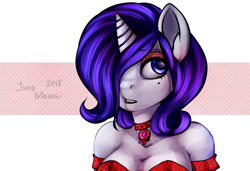 Size: 1600x1094 | Tagged: safe, artist:yukomaussi, rarity, anthro, cleavage, collar, female, hair over one eye, lipstick, makeup, mole, solo