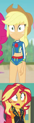 Size: 444x1596 | Tagged: safe, applejack, sunset shimmer, better together, equestria girls, forgotten friendship, appleshimmer, belly button, blushing, clothes, female, lesbian, shipping, swimsuit