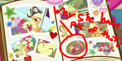 Size: 1455x725 | Tagged: safe, edit, edited screencap, screencap, apple bloom, applejack, big macintosh, pinkie pie, earth pony, pony, pinkie apple pie, circled, female, male, mare, photos, plot, screen, stallion