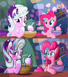 Size: 1920x2159 | Tagged: safe, artist:mandy1412, pinkie pie, starlight glimmer, earth pony, pony, unicorn, every little thing she does, blushing, caption, female, flour, kitchen, mare, pot, scene interpretation, twilight's castle