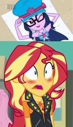 Size: 925x1599 | Tagged: safe, edit, edited screencap, editor:backgroundlol, screencap, sci-twi, sunset shimmer, twilight sparkle, better together, equestria girls, forgotten friendship, adorasexy, armpits, blushing, captain hat, clothes, cute, female, lesbian, one eye closed, scitwishimmer, sexy, shipping, smiling, sunsetsparkle, swimsuit, twiabetes, wink