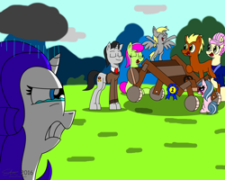 Size: 4460x3563 | Tagged: safe, artist:derpanater, derpy hooves, meadow song, medallion gold, merry may, rarity, rosetta, pegasus, pony, unicorn, the cart before the ponies, blue lily, cart, cloud, crying, female, glasses, mare, rain, ribbon, scene interpretation, smiling, spoiler