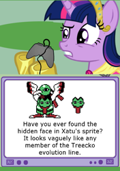 Size: 1015x1444 | Tagged: safe, derpibooru import, twilight sparkle, twilight sparkle (alicorn), alicorn, exploitable meme, gamer twilight, meme, obligatory pony, pokémon, text, treecko, tv meme, wat, xatu