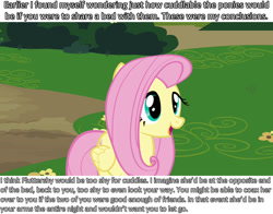 Size: 1280x1002 | Tagged: safe, screencap, fluttershy, pegasus, pony, analysis, bronybait, cuddle studies, cuddling, snuggling, solo, text