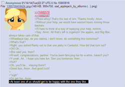 Size: 605x421 | Tagged: safe, applejack, earth pony, pony, /mlp/, 4chan, anon in equestria, feels, greentext, rejection, rejection is magic, sad, text