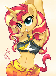 Size: 950x1300 | Tagged: safe, artist:joakaha, sunset shimmer, anthro, better together, forgotten friendship, adorasexy, armpits, belly button, breasts, clothes, cute, female, sexy, signature, simple background, smiling, solo, swimsuit, white background