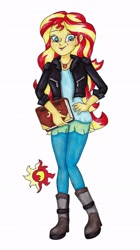 Size: 3455x6164 | Tagged: safe, artist:crystal4heart, sunset shimmer, equestria girls, clothes, cutie mark, female, geode of empathy, jacket, journal, leather jacket, pants, simple background, solo, traditional art, white background