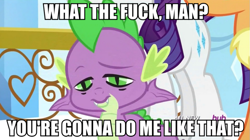 Size: 893x500 | Tagged: safe, screencap, rarity, spike, dragon, pony, unicorn, image macro, meme, stoner spike, vulgar