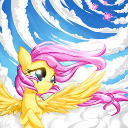 Size: 1000x1000 | Tagged: dead source, safe, artist:yumehinote, fluttershy, butterfly, pegasus, pony, cloud, female, mare, solo, spread wings, windswept mane, wings