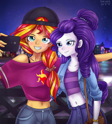 Size: 1400x1550 | Tagged: safe, artist:tcn1205, rarity, sunset shimmer, human, equestria girls, alternate hairstyle, belly button, cellphone, clothes, duo, grin, hat, humanized, midriff, night, off shoulder, phone, pony coloring, purse, selfie, shirt, short shirt, smiling, starry night, stars