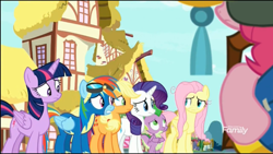 Size: 1366x768 | Tagged: safe, derpibooru import, screencap, applejack, fluttershy, pinkie pie, rainbow dash, rarity, spike, twilight sparkle, twilight sparkle (alicorn), alicorn, dragon, earth pony, pegasus, pony, unicorn, yakity-sax, clothes, goggles, mane six, ponyville, uniform, winged spike, wings, wonderbolts uniform