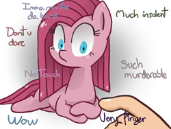 Size: 1600x1200 | Tagged: safe, artist:spritetheunicorn, pinkie pie, earth pony, pony, cute, cuteamena, diapinkes, doge, female, finger, frown, hand, looking at something, mare, meme, offscreen character, pinkamena diane pie, ponified animal photo, pov, prone, reference, simple background, solo focus, sploot, this will end in tears, transparent background, wide eyes, wow