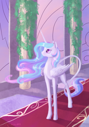 Size: 3500x4960 | Tagged: safe, artist:dalagar, princess celestia, alicorn, pony, absurd resolution, female, glass, hallway, leonine tail, mare, painting, solo