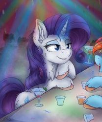 Size: 1000x1200 | Tagged: safe, artist:check3256, derpibooru import, rainbow dash, rarity, pegasus, pony, unicorn, cocktail glass, drink, drunk, drunk rarity, female, glass, glowing horn, levitation, lip bite, magic, nightclub, open mouth, sitting, solo focus, table, telekinesis, unshorn fetlocks