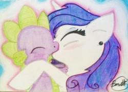 Size: 400x288 | Tagged: safe, artist:holleeb, rarity, spike, dragon, pony, unicorn, female, kissing, male, shipping, sparity, straight, traditional art