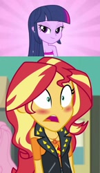 Size: 788x1362 | Tagged: safe, editor:backgroundlol, sunset shimmer, twilight sparkle, better together, equestria girls, equestria girls (movie), forgotten friendship, blushing, clothes, dress, fall formal outfits, female, lesbian, lidded eyes, looking at each other, shipping, smiling, sunsetsparkle